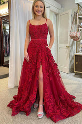 A Line Prom Dress Scoop Neck Red Lace Evening Dress with Beadings