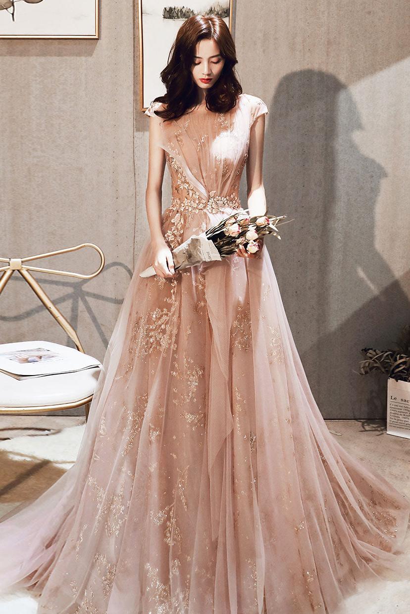 A Line Prom Dress Scoop Neck Sequin Pink Long Formal Graduation Evening Gown Evening Dress