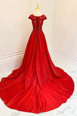 A Line Prom Dress Scoop Neckline Satin Lace Burgundy Long Formal Dress Evening Dress