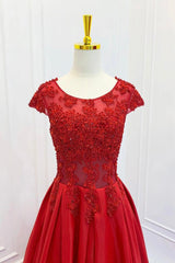 A Line Prom Dress Scoop Neckline Satin Lace Burgundy Long Formal Dress Evening Dress