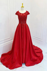 A Line Prom Dress Scoop Neckline Satin Lace Burgundy Long Formal Dress Evening Dress