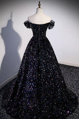 A Line Prom Dress Sequin Black Long Off the Shoulder Evening Dress