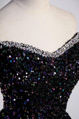 A Line Prom Dress Sequin Black Long Off the Shoulder Evening Dress