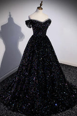 A Line Prom Dress Sequin Black Long Off the Shoulder Evening Dress