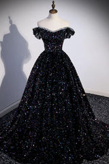 A Line Prom Dress Sequin Black Long Off the Shoulder Evening Dress