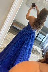 A Line Prom Dress Sequined Lace Long Elegant with Pockets Evening Dress