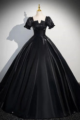 A Line Prom Dress Short Sleeve Satin Black Long Evening Dress