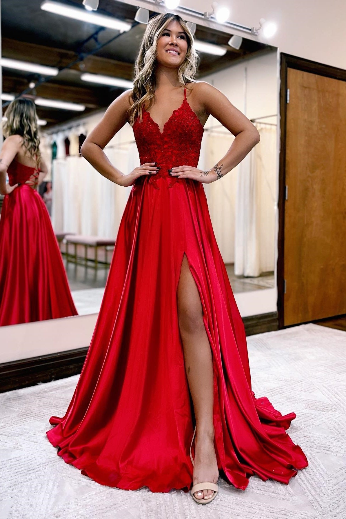 A Line Prom Dress Spaghetti Straps Corset Back Elegant Evening Dress with Split