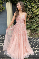 A Line Prom Dress Spaghetti Straps Light Pink Long Evening Dress with Appliques