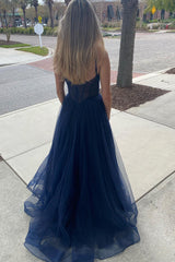 A Line Prom Dress Spaghetti Straps Navy Long Evening Dress