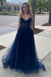 A Line Prom Dress Spaghetti Straps Navy Long Evening Dress