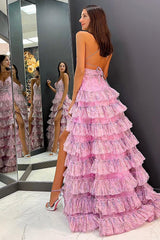 A Line Prom Dress Spaghetti Straps Printed Tulle Evening Dress with Ruffles