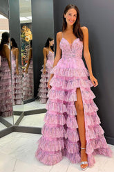 A Line Prom Dress Spaghetti Straps Printed Tulle Evening Dress with Ruffles