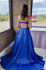 A Line Prom Dress Spaghetti Straps Royal Blue Long with Exquisite Beading Evening Dress
