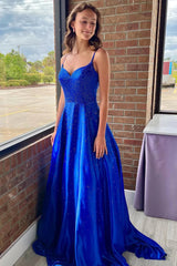 A Line Prom Dress Spaghetti Straps Royal Blue Long with Exquisite Beading Evening Dress