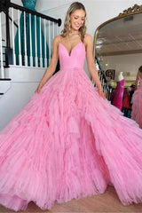 A Line Prom Dress Spaghetti Straps Tiered Tulle Evening Dress