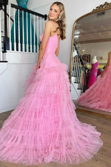 A Line Prom Dress Spaghetti Straps Tiered Tulle Evening Dress