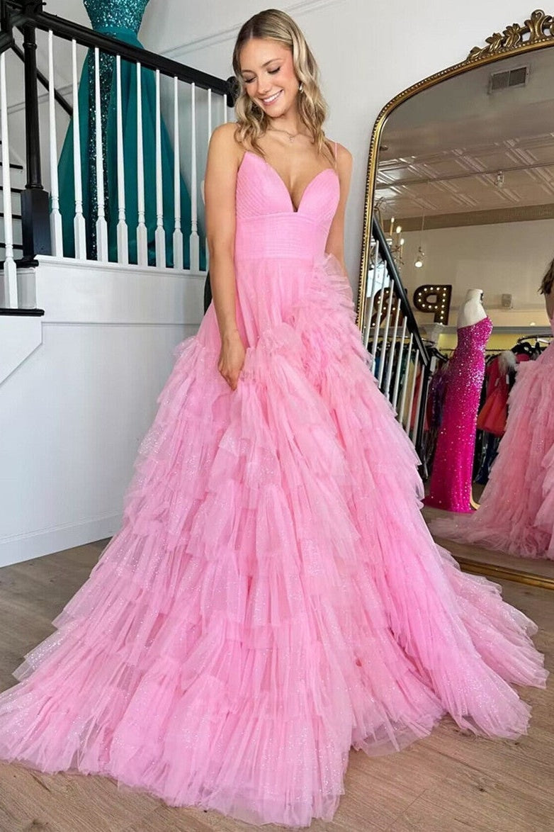 A Line Prom Dress Spaghetti Straps Tiered Tulle Evening Dress