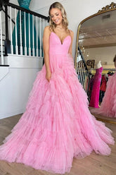 A Line Prom Dress Spaghetti Straps Tiered Tulle Evening Dress
