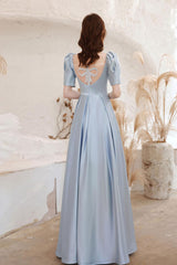 A Line Prom Dress Square Neckline Satin Blue Long Formal Evening Dress