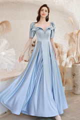 A Line Prom Dress Square Neckline Satin Blue Long Formal Evening Dress