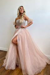 A Line Prom Dress Strapless Blush Corset Organza Evening Dress