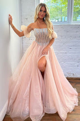 A Line Prom Dress Strapless Blush Corset Organza Evening Dress