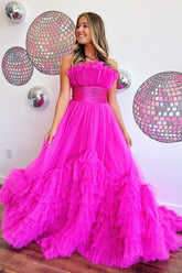 A Line Prom Dress Strapless Pink Tiered Long Tulle Evening Dress