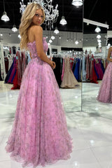 A Line Prom Dress Strapless Printed Glitter Tulle Evening Dress