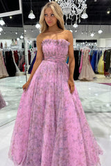 A Line Prom Dress Strapless Printed Glitter Tulle Evening Dress