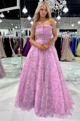 A Line Prom Dress Strapless Printed Glitter Tulle Evening Dress