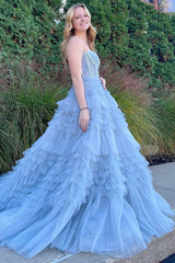 A Line Prom Dress Strapless Tiered Tulle Evening Dress