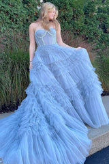 A Line Prom Dress Strapless Tiered Tulle Evening Dress