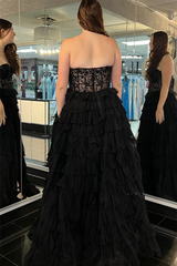 A Line Prom Dress Strapless Tulle Long Evening Dress with Split