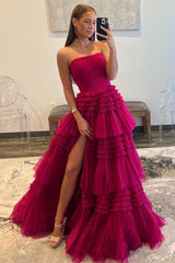 A Line Prom Dress Strapless Tulle Long with Layered Ruffles Evening Dress