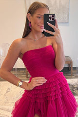 A Line Prom Dress Strapless Tulle Long with Layered Ruffles Evening Dress
