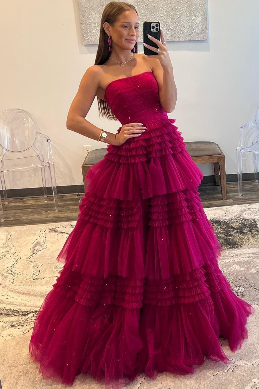 A Line Prom Dress Strapless Tulle Long with Layered Ruffles Evening Dress