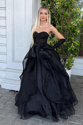 A Line Prom Dress Sweetheart Black Long Beaded Evening Dress