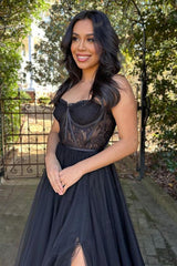 A Line Prom Dress Sweetheart Collar Corset Tulle Elegant Evening Dress with Split