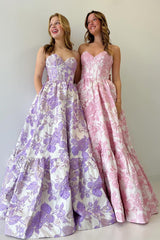 A Line Prom Dress Sweetheart Collar Floral Printed Long Evening Dress