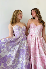 A Line Prom Dress Sweetheart Collar Floral Printed Long Evening Dress