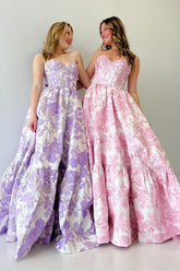 A Line Prom Dress Sweetheart Collar Floral Printed Long Evening Dress