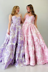 A Line Prom Dress Sweetheart Collar Floral Printed Long Evening Dress