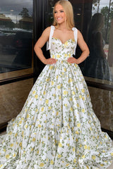 A Line Prom Dress Sweetheart Collar Floral Printed Satin Long Evening Dress