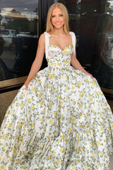 A Line Prom Dress Sweetheart Collar Floral Printed Satin Long Evening Dress