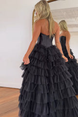 A Line Prom Dress Sweetheart Collar Tiered Tulle Evening Dress with Split