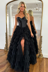 A Line Prom Dress Sweetheart Collar Tiered Tulle Evening Dress with Split