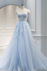 A Line Prom Dress Sweetheart Neck Blue Lace Long Formal Evening Dress
