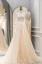 A Line Prom Dress Sweetheart Neck Champagne Long Lace Formal Graduation Dress Evening Dress