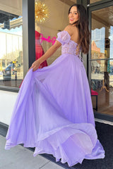 A Line Prom Dress Sweetheart Neck Chiffon Evening Dress with Puff Sleeves